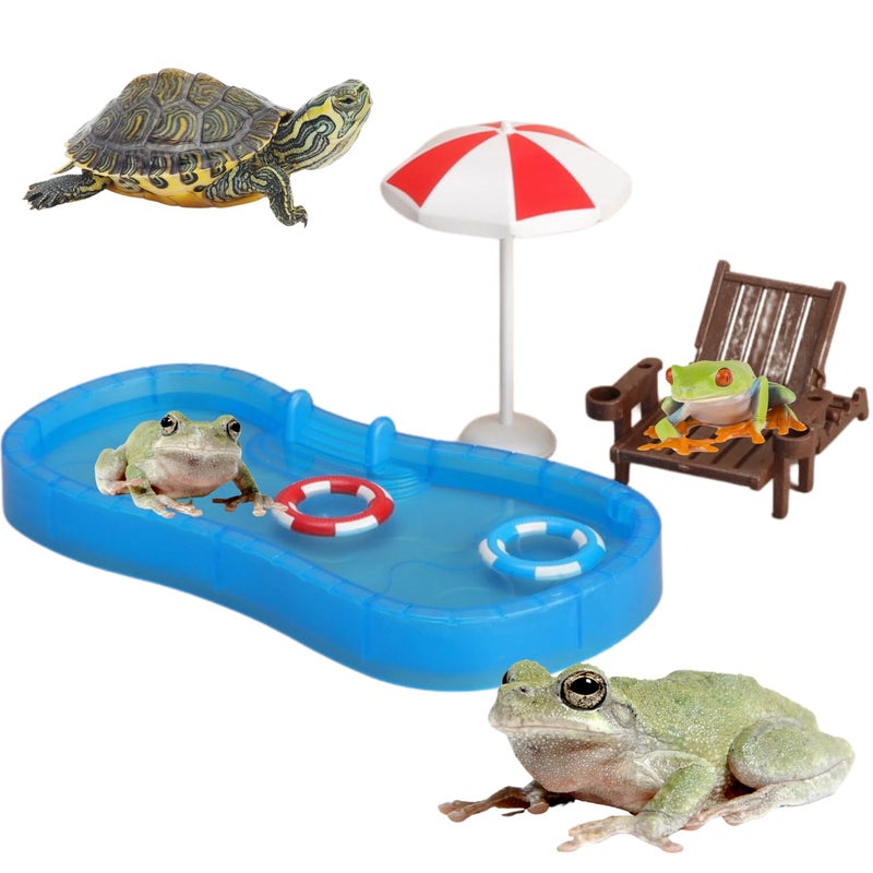 Tree Frog Tank Accessories - Novelty Pool Theme Set Turtle Habitat Decoration Reptile Water Food Bowl for Amphibian Aquatic Frog Toad Lizard Leopard Gecko Hermit Crabs Snake Spider Scorpion (Pool Set) - Image 1